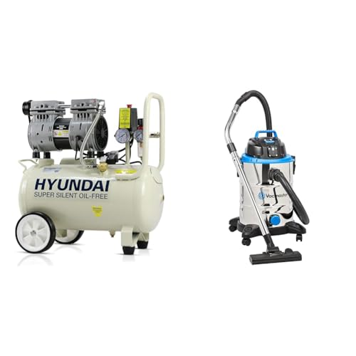 Hyundai HY7524 24 Litre Air Compressor, 5.2cfm/100psi, Silenced & Vacmaster Power 30 PTO Wet & Dry Cleaner, with Power Take Off Socket, 30 Litre Capacity, 1500W Motor and 2 Year Guarantee