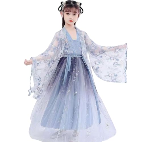 Traditional Chinese Hanfu Dress Set for Girls, Blue Tang Dynasty Princess Dress with Floral Tulle
