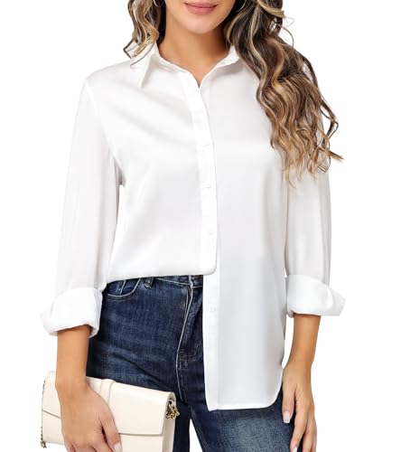 OLICE Women's Solid Color Satin Silk Blouse-2025 FallLight-SensingButtonBlouse,CasualCommut ingLong-Sleeve Top White XL