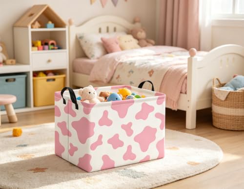 Image of Rectangular Baby Kids Storage Basket for Home Kitchen Girls Cute Toy Storage Bin Organizer Shelf Book Room Decor(Pink Cow)