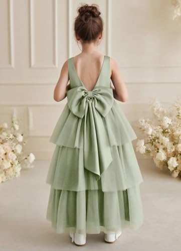 Tiered Girls Flower Girl Dress with Bow Knot Crewneck Backless A Line Birthday Formal Party Dress3