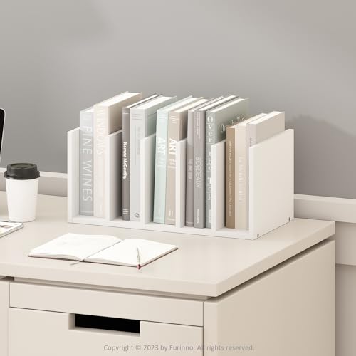 Image of Furinno HERMITE Desk File Folder Organizers, 5-Space Vertical Desktop Office Organization Racks, Desk Top Display Book Shelf, for Paper, Office Supplies, Magazine, White