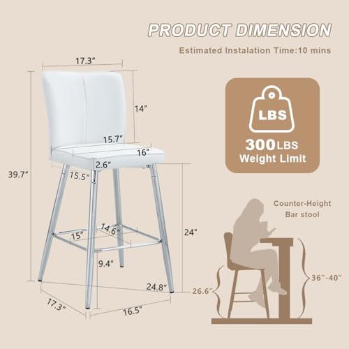 Image of Counter Height Bar Stools Set of 2,27''Kitchen Island Stools with Back,White Barstools with Sturdy Metal Legs,Modern Bar Stools Ideal for Kitchen Island Pub Cafe(Faux Leather-White)