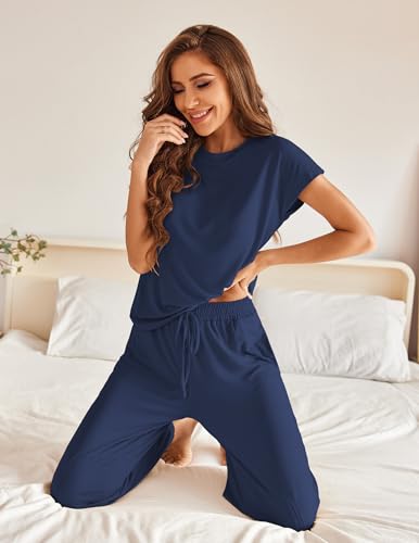 Ekouaer Pajamas for Women 2 Piece Lounge Sets Cap Sleeve Loungewear Top with Joggers Pants S-XXL4