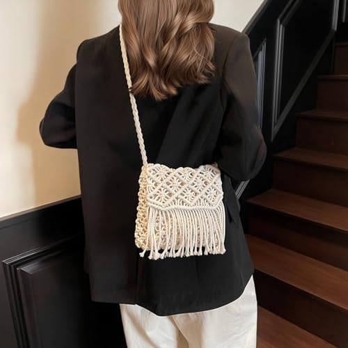 Boho Crossbody Bag for Women, Crochet Bohemian Purse Small Crossbody Bags for Women, Cute Summer Beach Woven Purse with Tassels White Hippie Style2