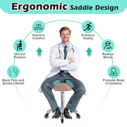 Image of Saddle Stool Chair with Wheels, Ergonomic Thicker Saddle Seat Design for Healthy Sitting Posture, PU Leather, Rolling Saddle Stool with Silent Rubber Wheels Adjustable for Salon Massage Home, Brown