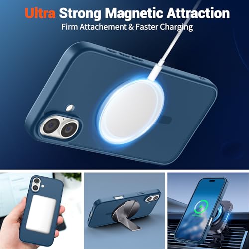 Image of SUPFINE Magnetic for iPhone 16 Case with Screen Protector (Compatible with MagSafe) (Military Grade Drop Protection) Translucent Matte Shockproof with Anti-Fingerprint Phone Case,Deep Blue