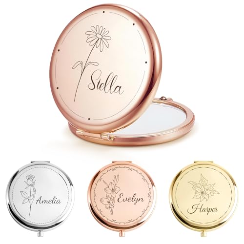 XSTZR Personalisierter Taschenspiegel mit Namen oder Monogramm kompakter Reise-Handspiegel für Damen Gastgeschenk zur Bridal Shower & Geschenk für Brautjungfern (Geburtstagsblumen)