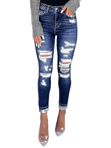 KUNMI Women's Ripped High Waisted Skinny Jeans Button Fly Distressed Stretchy Denim Pants