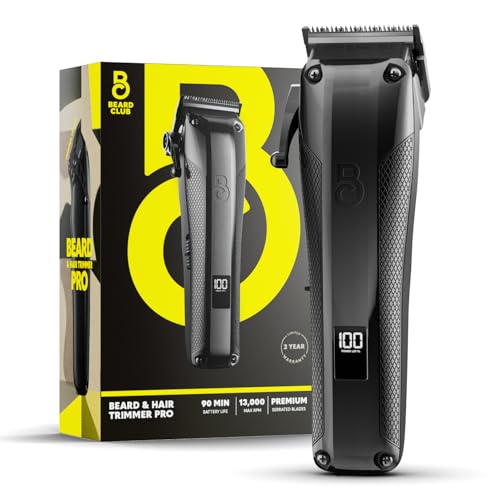 The Beard Club Pro Beard Trimmer for Men - Professional Men's Hair Trimmer for Barbers - Electric Cordless Rechargeable High Power 13,000 RPM - 10 Guides - Taper Lever - Diamond Like Carbon Blades