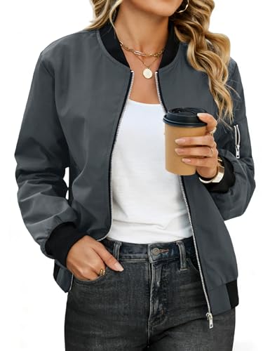 CMTOP Bomberjacke Damen Kurze Leichte Übergangsjacke Casual Zip Up Frühlingsjacke Winddichter Outdoor Pilotenjacke mit Taschen Langarm Solid Sommer Fliegerjacke(Grau M)