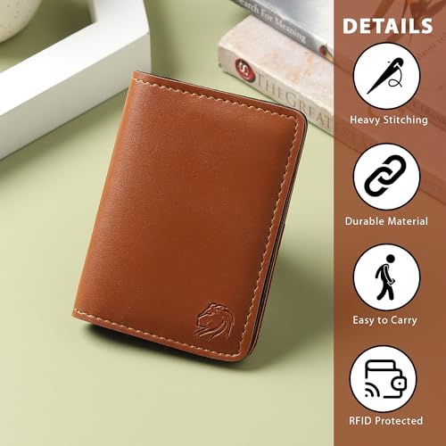 Image of VEMILIO Vegan Leather Card Holder Wallet for Men & Women | Slim Bi-Fold Design | RFID Protected | Button Closure | 3-4 Card Slots | Durable & Travel-Friendly (Tan)