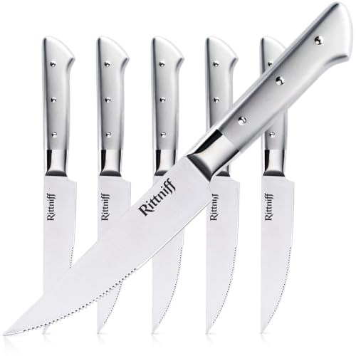 Rittniff Steak Knives Set of 6, 5-Inch Serrated Stainless Steel Dinner Knives with Wide 304 Stainless Steel Handles, Gift Box Included, Silver by Rittniff - Used condition - US$38.34
