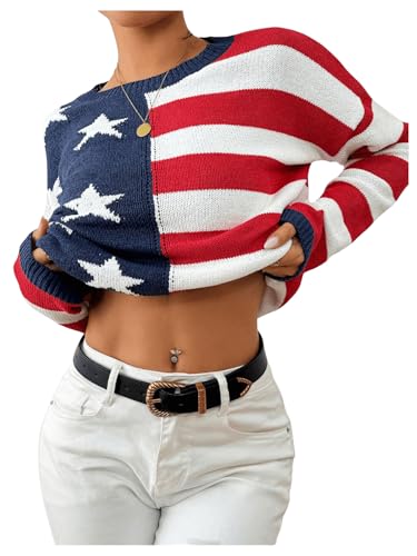 SweatyRocks Women's American Flag Sweater USA Star Striped Knit Sweater Crew Neck Pullover Long Sleeve Top3