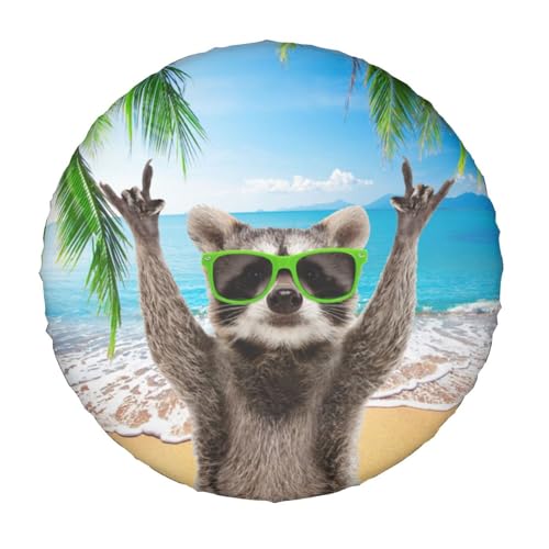 Image of Beach Raccoon Spare Tire Cover for Rv Trailer Camper Truck SUV - Cute Raccoon Animal Wheel Protectors Cover Waterproof Fabric for Travel Camping Outdoor,Universal Fit,17 inch