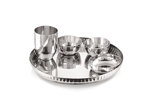Image of TOSAA Stainless Steel Dinner Set Deluxe Classic Shape- 5 PCS Set Stainless Steel Dinner Set |Includes Plate, Curry Bowls, Side Plate, Glass & Spoon | Silver