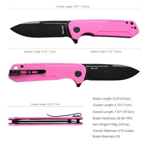 EMHTiii Pocket Knife Folding Knives: D2 Steel Black Drop Point Blade, G10 Scales, Flipper Liner Lock, Reversible Clip, EDC Gifts for Men Women Camping Hiking E036, Pink by EMHTiii - Image 2