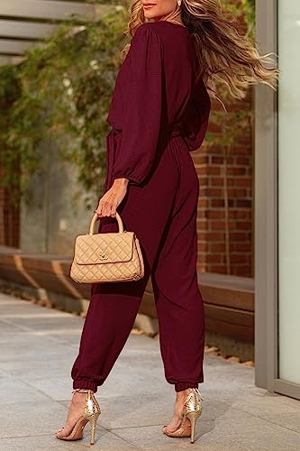 PRETTYGARDEN Women's Fall Jumpsuits Dressy Casual Pants Romper Spring Long Sleeve V Neck Belt Pockets One Piece Outfits