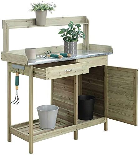 StarSun Depot Natural Fir Wood Potting Bench with Galvanized Steel Table Top