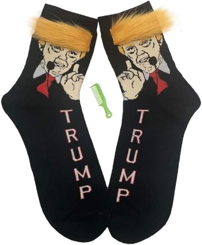 EZB - Calcetines para hombre con personaje de Donald Trump | Idea de regalo para hombre | Diseño de pelo divertido con mini peine divertido | Talla 36-40 | Trump President, negro, 36-41 EU, Negro
