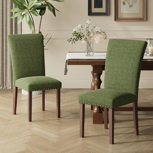 Image of COLAMY Upholstered Parsons Dining Chairs Set of 2, Fabric Dining Room Kitchen Side Chair with Nailhead Trim and Wood Legs - Green