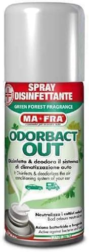 MAFRA, Odorbact Out Green Forest, Disinfetta e Deodora il Sistema di Climatizzazione e l'Abitacolo dell'Auto, Elimina Cattivi Odori, 150 ml