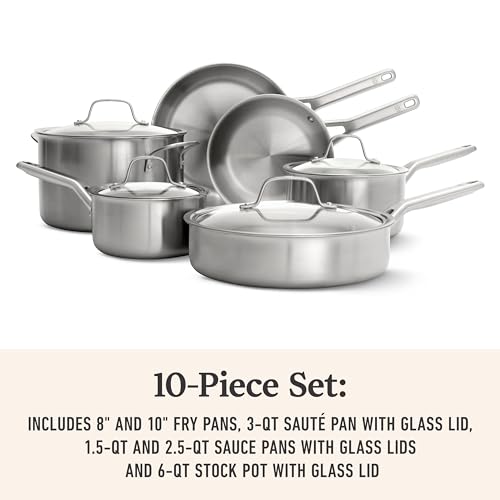 Image of Calphalon Brushed 3-Ply Stainless Steel Cookware Set w /Turbo Heat Tech 10 Piece Includes Frying Pans, Pots and Pans Set, Induction, Oven Safe 450F, Brushed Stainless Silver