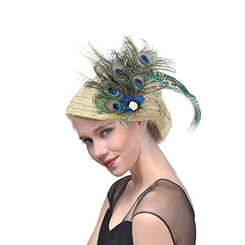 Fxaelian 1920s Peacocok Feather Fascinator Clips Headpiece Headwear Flapper Hair Clips Kentucky Gatsby Tea Party Wedding Derby Performance for Women Green