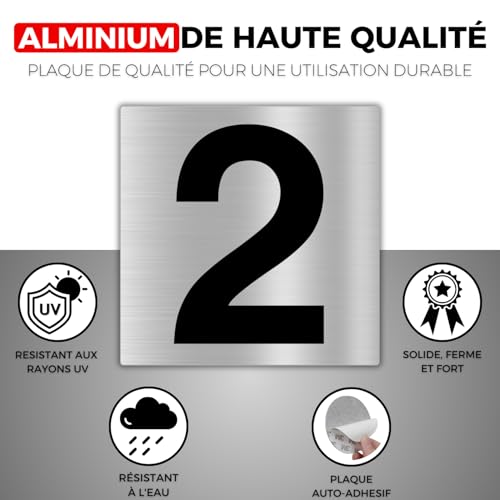 LEIASA | Hausnummernaufkleber – 10 x 10 cm – Aluminium – Nr. 2 – Hotel-Wohnung – Nummer für Türen – Innen und Außen – Türnummer – Nummer 2 (Nummer 2)