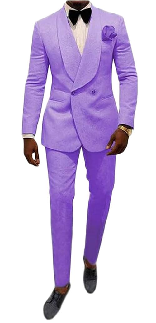 Botong Men's Lilac Shawl Lapel Suit Patterned Double Breasted Wedding Tuxedos Prom Suits Jacket Pants Grooms Suit, 38