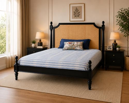 Image of Solid Sheesham Wood Poster King Size Poster Honeymoon Bed Without Storage with Designer Piller and Cane Crafting