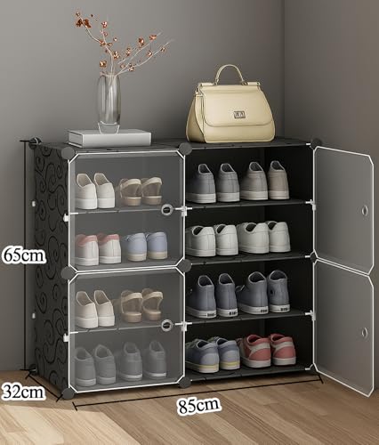Image of AYSIS 𝟖 𝐒𝐡𝐞𝐥𝐟 DIY Shoe Rack Box Organizer | Multi-Purpose Plastic Shoe Rack for Home | Home Storage Rack with Door for Entryway, Chappal Slipper Sandals Shoe Stand【Black, 8-Shelf-Hz-Door】