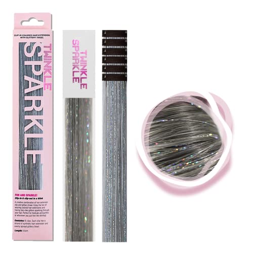 Twinkle Sparkle 6 Pcs Clip In Colored Hair Extensions With Glitter Tinsel Highlights，22” Long Colorful Hair Extensions Clips For Women Girls Kids, Straight Synthetic Hairpiece Festival Gift Hair Accessories (Ashy White) #TOP4