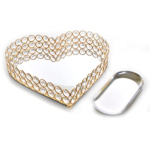 LINDLEMANN Heart Shaped Decorative Tray Metal Crystal Vanity Trays Glass Mirror Perfume Organiser Makeup Jewelry Trinket Holder for Party & Holiday Home Decoration (Heart, 11in, Gold)
