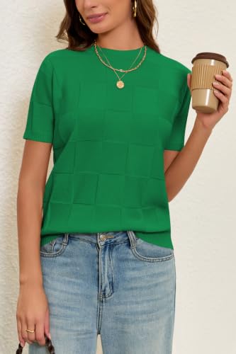 Image of Cakulo Women's Short Sleeve Summer Sweater Knit Tops | Checkered Pattern, Crew Neck, Lightweight Knit, Pullover Sweaters, Business Casual Work Tops Basic Clothes