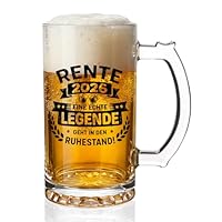 Diztoud Renteneintritt Geschenk Männer, Rentner Geschenk Mann, Ruhestand Geschenke für Männer, Geschenke zum Ruhestand, Rente 2026 Bierkrug, Abschiedsgeschenk Kollegen, 0,5 L Bierglas mit Spruch