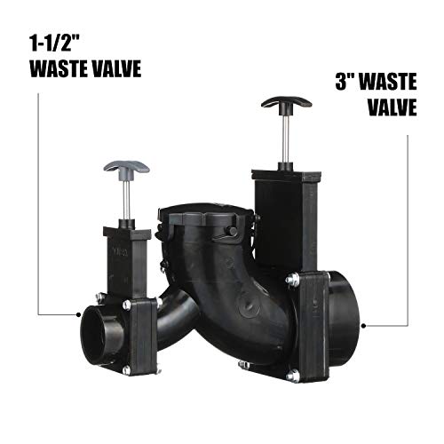 Image of Valterra Ell Double Rotating Valve, Mess-Free Waste Valve for RV's, Campers, Trailers, 3 inch Hub x 1.5 inch Hub x 3 inch Bayonet Cap