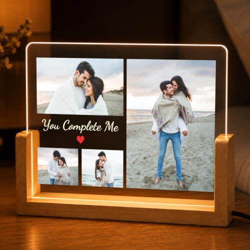 Image of Giftplease Personalized LED Acrylic Photo Frame with Custom Picture and Message, Couple Photo Lamp, Wooden Base USB LED, Romantic Bedroom Decor, Anniversary Memory Display, Wedding, Engagement