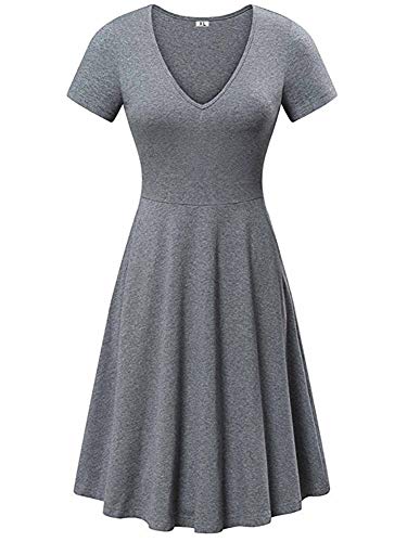 CHYU - Vestido de skater, para mujer, cuello redondo, línea Midi A, resistente, elegante, fino, cuello en V, manga corta gris M