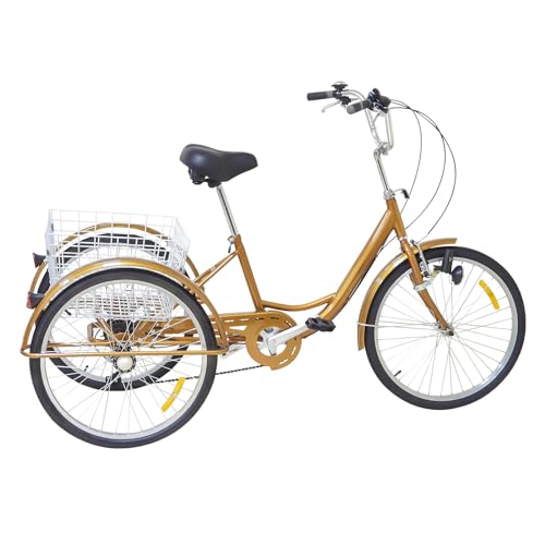 HPDTZ 24 Zoll Trike, Tricycle for Adults, 6-Gang-Fahrrad Dreirad Erwachsene mit Beleuchtung Robustes Dreirad mit Verstellbarem Lenker und Korb (Gold)