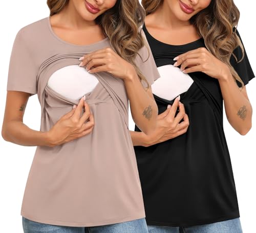 Image of SWOMOG 2 Pack Nursing Tops Short Sleeve Nursing Shirt Double Layer Maternity Tops for Breastfeeding Black Ecru Small