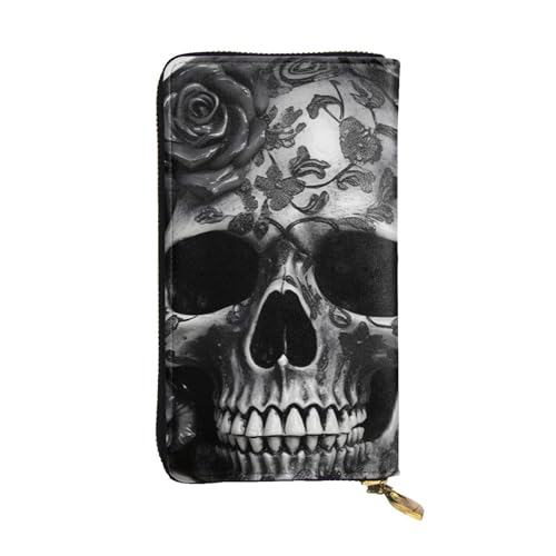 Portefeuille en cuir noir pour femme, grand format de voyage au motif tête de mort rose
