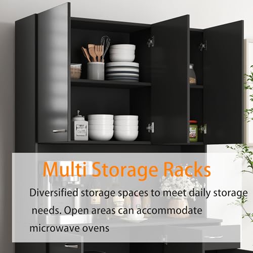Image of Modern Kitchen Pantry Cabinet, 70.86 inch Tall Freestanding Cupboard with Multi-Tier Storage Rack and Microwave Stand for Kitchen, Living Room,Black
