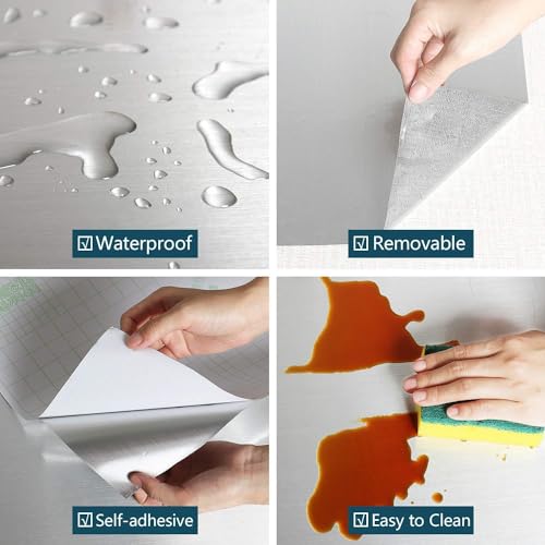 Image of Brushed Silver Wallpaper Vinyl Brushed Metal Look Wallpaper Self Adhesive Peel and Stick Wallpaper for Backsplash Kitchen Counter Top and Kitchen Appliance,Furniture(24 x 140).