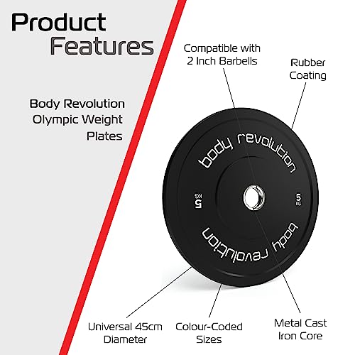 Body Revolution Olympic Bumper Plates - 5kg Weight Plates Set - Rubber Coated 25mm / 2 Inch Olympic Weight Plates Pairs for Barbell Weights - Strength Training and Body Building Equipment - Image 2