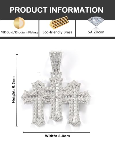 LuxeFlex Iced Out Baguette Diamond Cross Pendant, 14K Gold Plated Religious Three Stacked up Gothic Cross Necklace, Hip-Hop Jewelry for Men Women4
