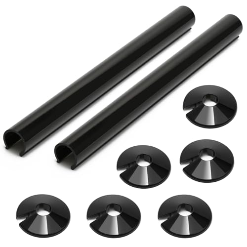 Radiator Pipe Covers and Collars 15mm x 200mm Black, 2 Covers and 6 Collars Durable Plastic for Home Finishing, Easy to Install and Pipe Protection