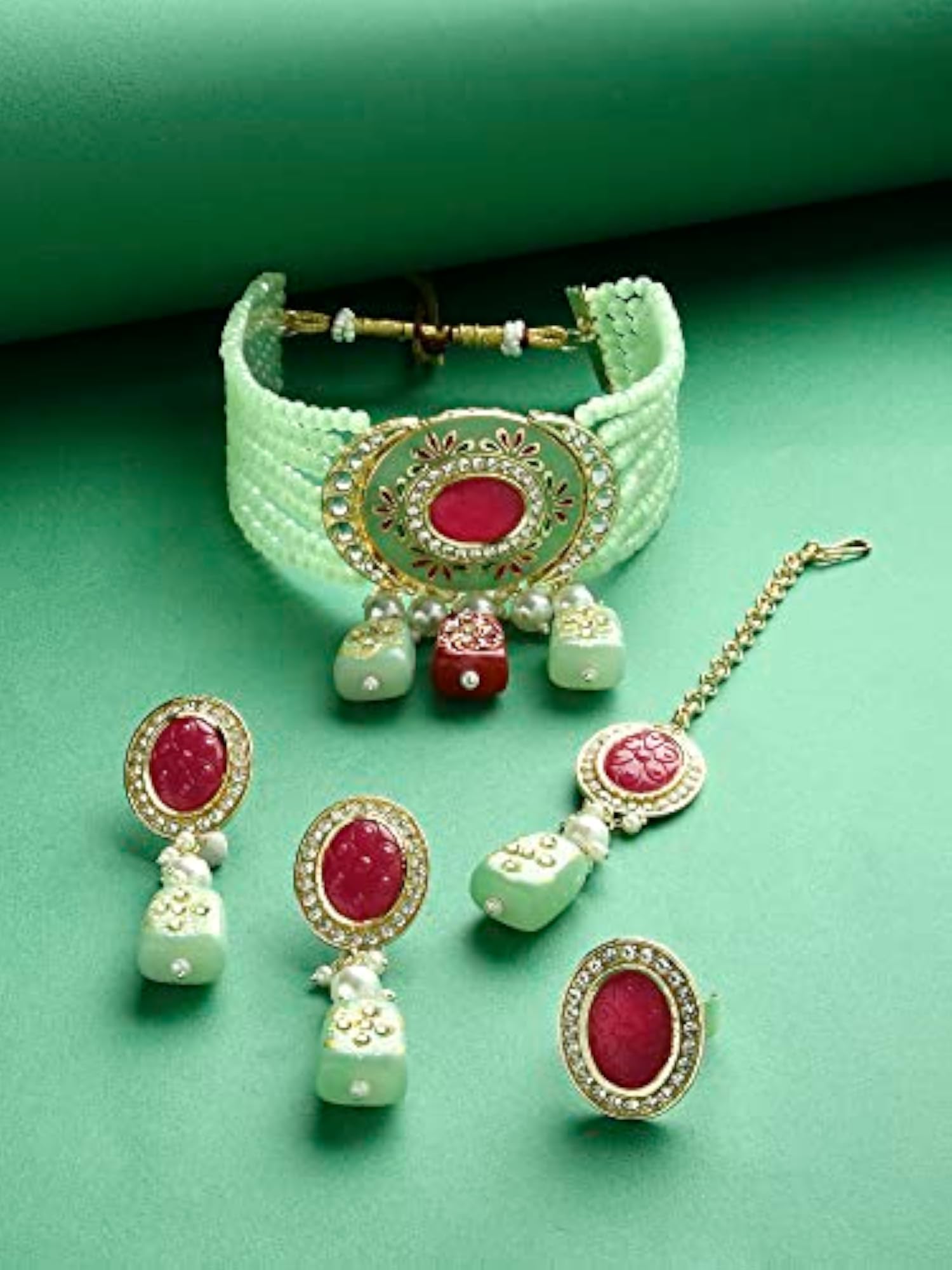 Pink Green Multistrand Necklace Earring Set-ZPFK15371