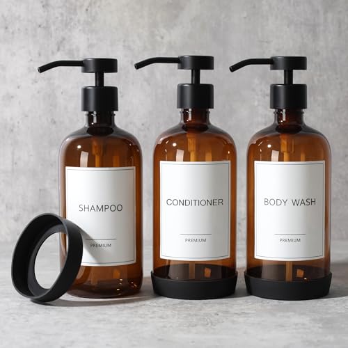 GMISUN Plastic Shampoo and Conditioner Dispenser with Silicone Sleeves, 21 oz Amber Shower Soap Dispenser Bottles with Labels, Refillable Shampoo Conditioner Body Wash Dispensers Set of 3