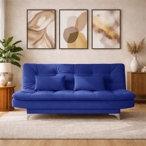 Image of Modern 3 Seater Sofa Cum Bed with Cushions, Foldable Convertible Couch, Velvet Fabric Sleeper Sofa for Living Room, Guest Room, Blue
